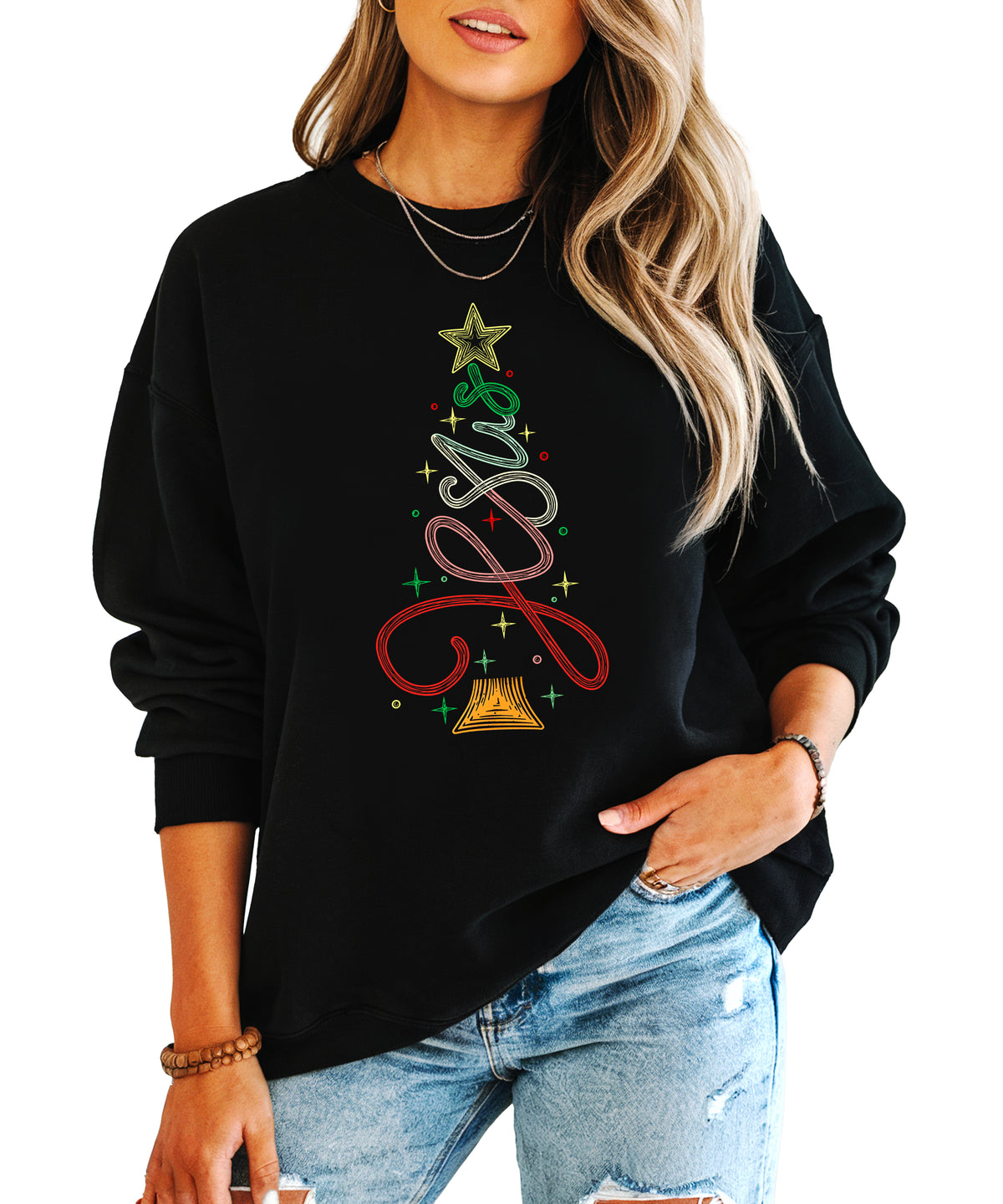Jesus Christmas Tree Christian Sweatshirt Black