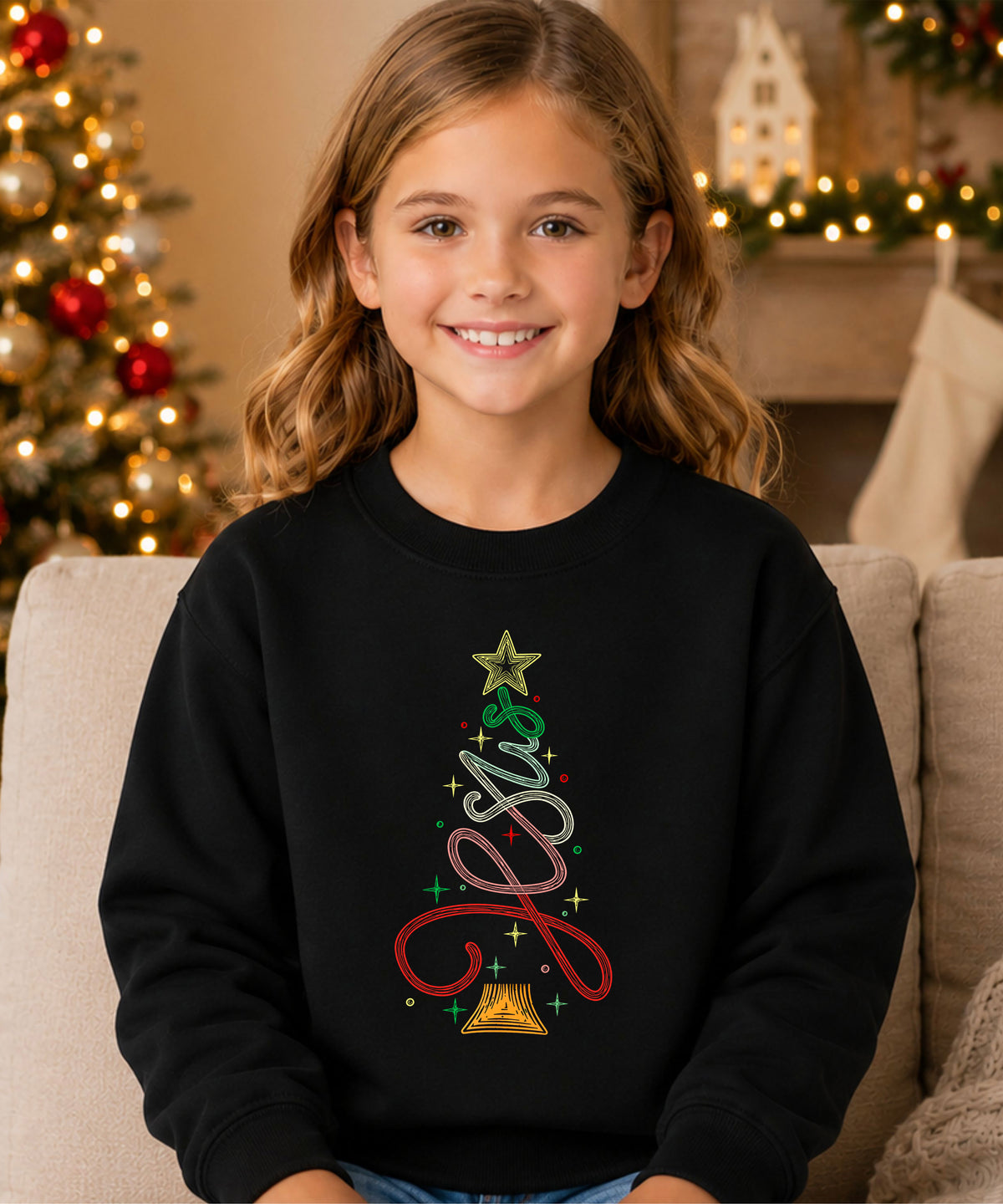 Jesus Christmas Tree Christian Sweatshirt youth Black