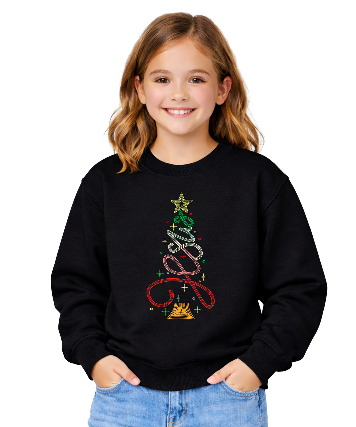 Jesus Christmas Tree Christian Sweatshirt youth Black