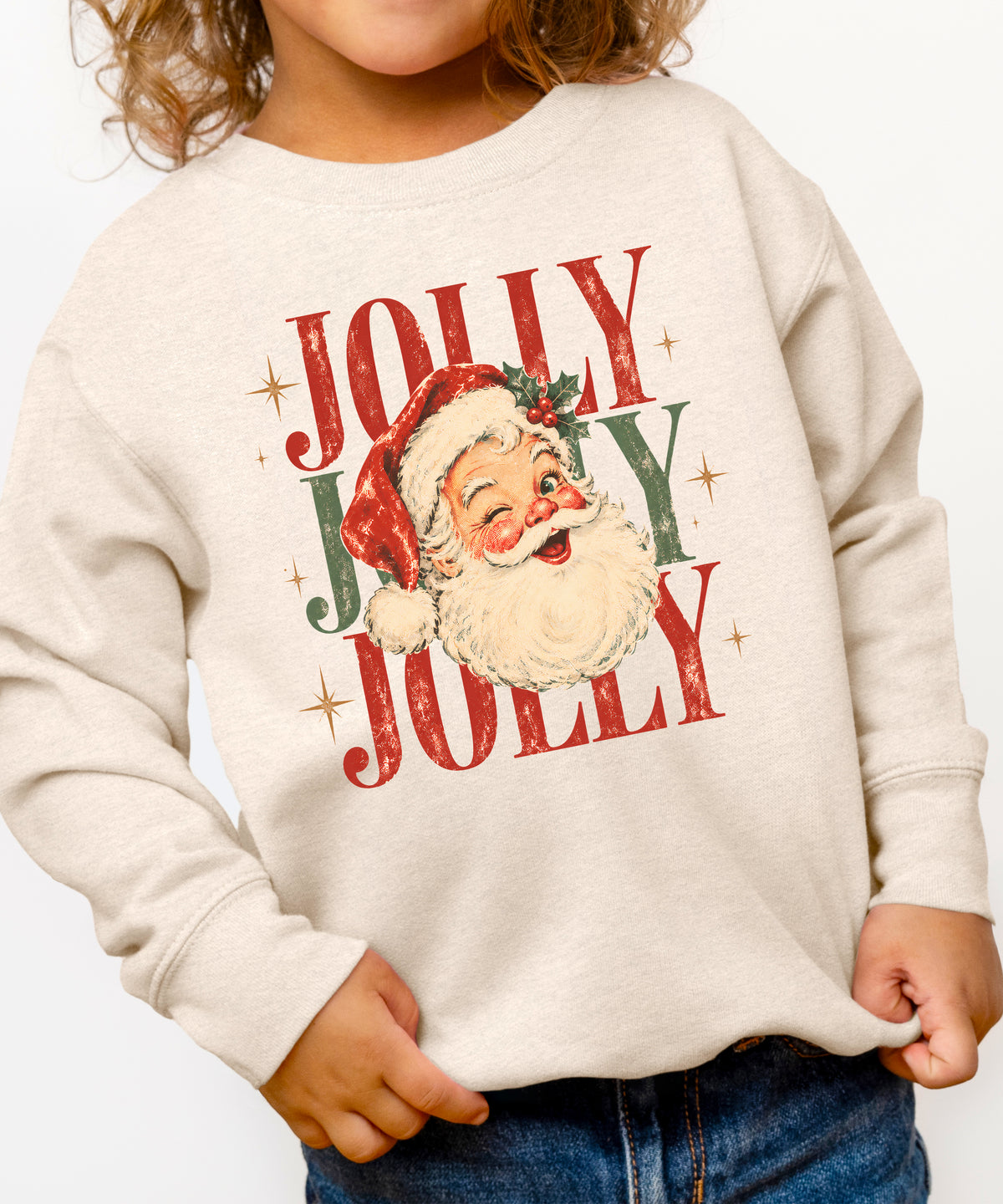 Jolly retro Santa Christmas sweatshirt for girls and toddlers in Natural Heather