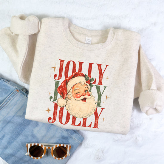 Jolly retro Santa Christmas sweatshirt for girls and toddlers in Natural Heather