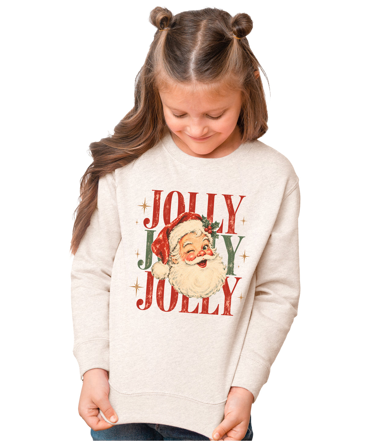 Jolly retro Santa Christmas sweatshirt for girls and toddlers in Natural Heather