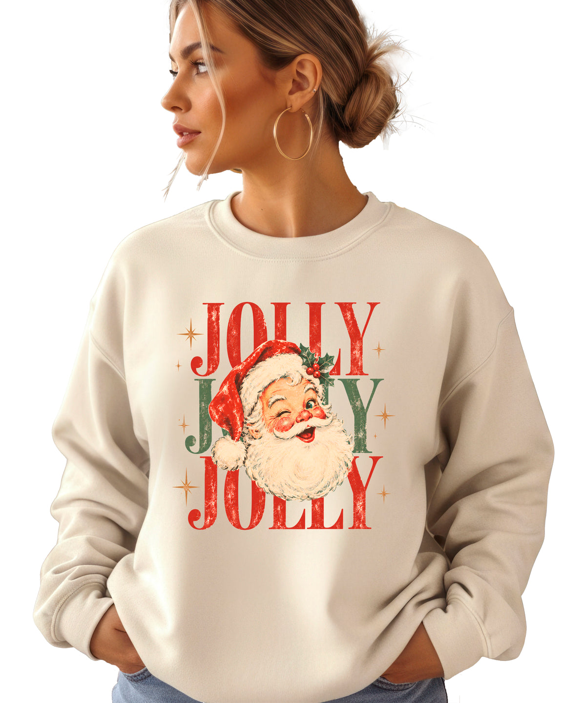 Jolly retro Santa Christmas sweatshirt for women in Sand