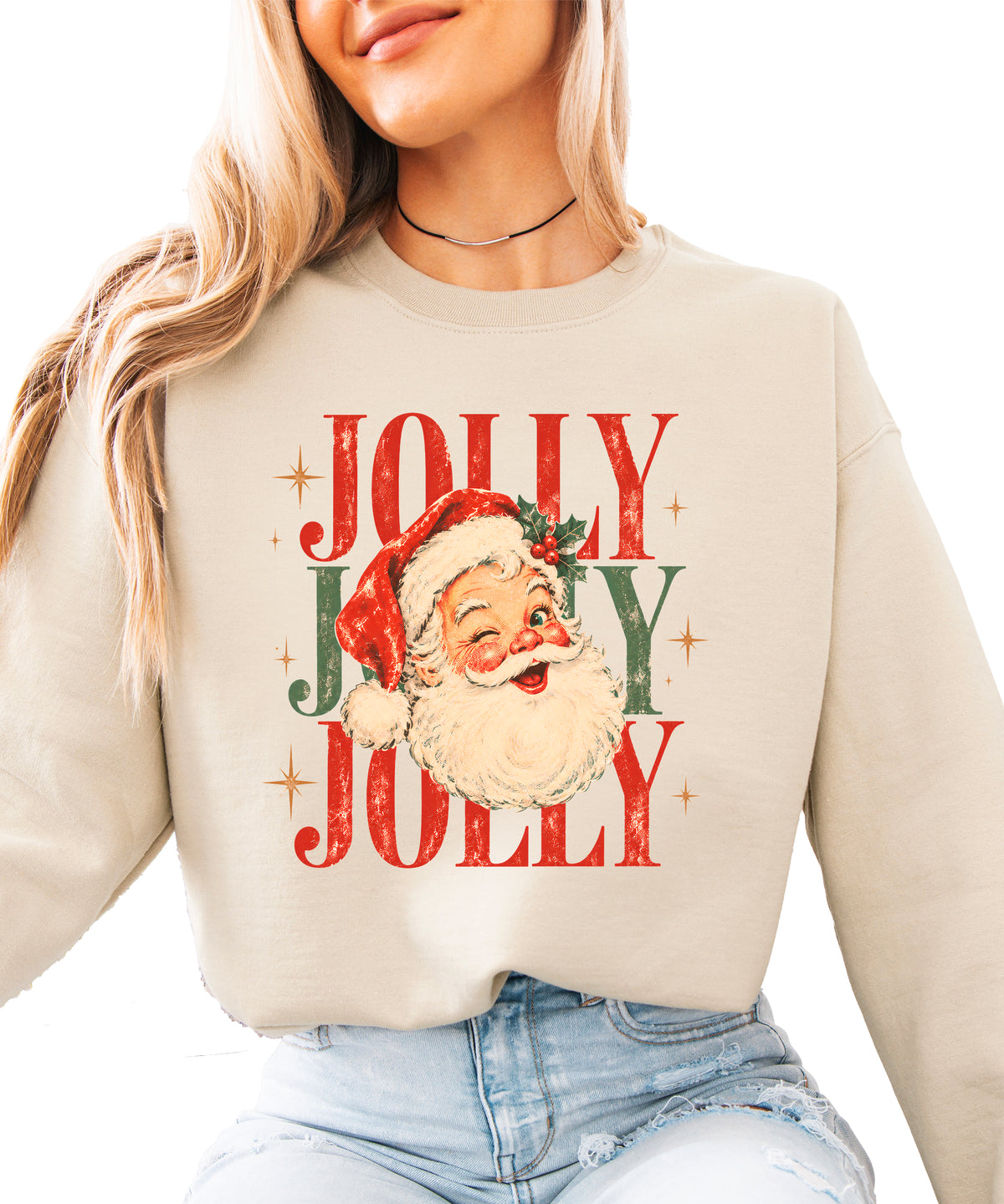 Jolly retro Santa Christmas sweatshirt for women in Sand