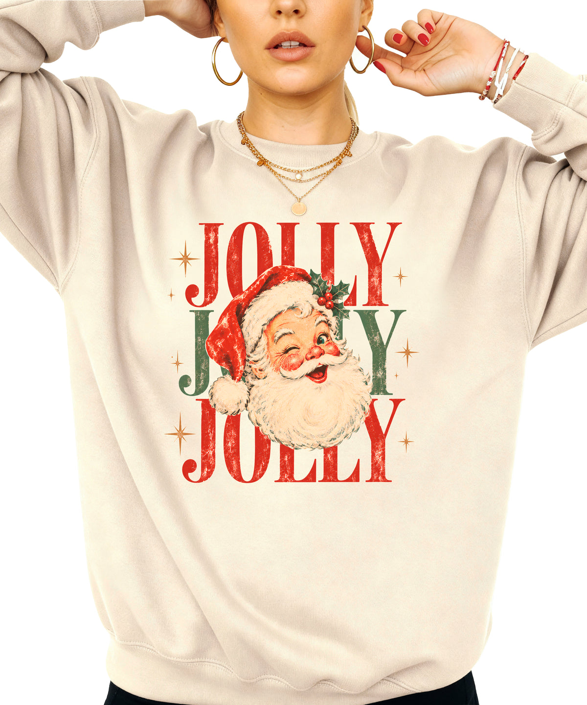 Jolly retro Santa Christmas sweatshirt for women in Sand