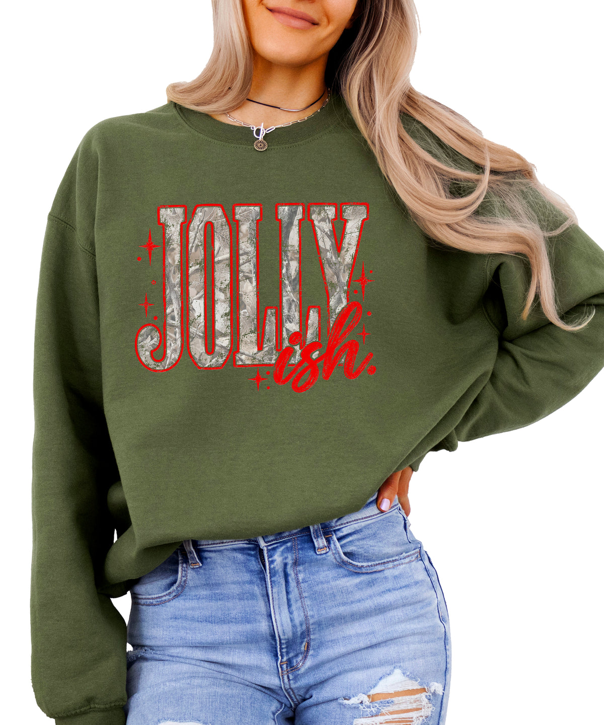Jolly Ish camo Christmas sweatshirt for women, Army Green