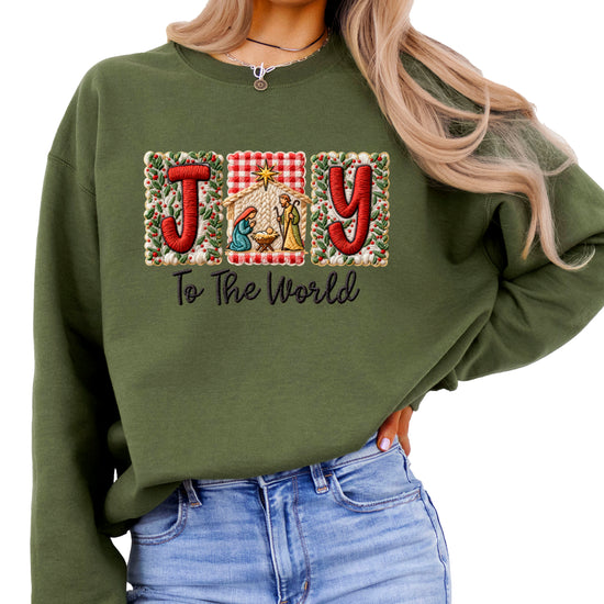 Joy to the World Christian Christmas Sweatshirt Army Green