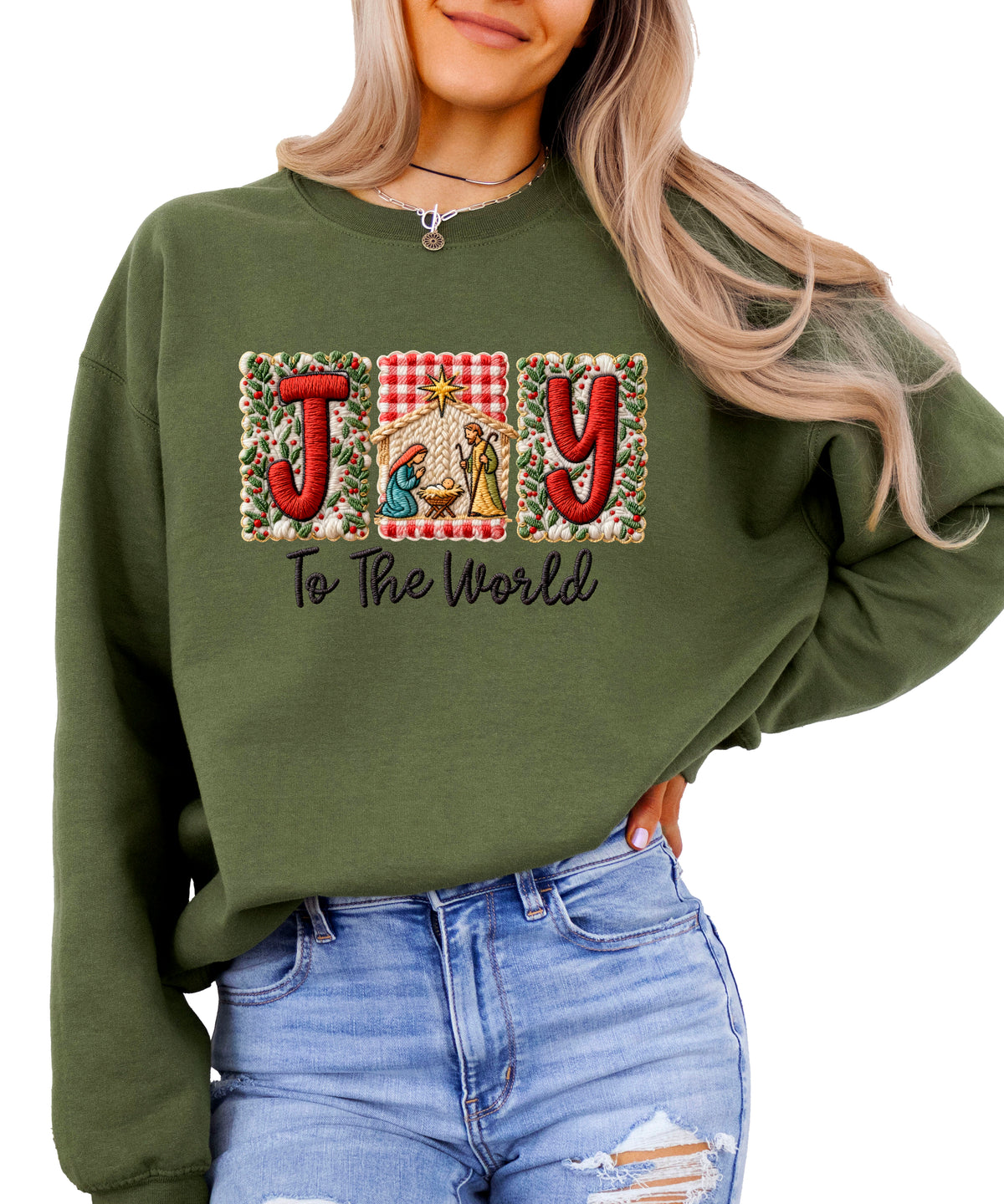 Joy to the World Christian Christmas Sweatshirt Army Green