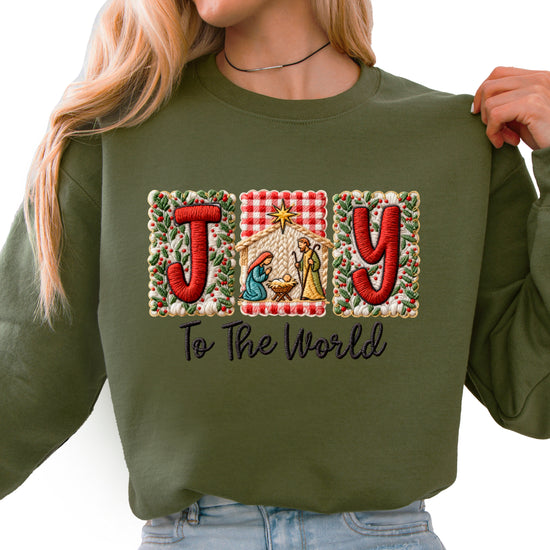 Joy to the World Christian Christmas Sweatshirt Army Green