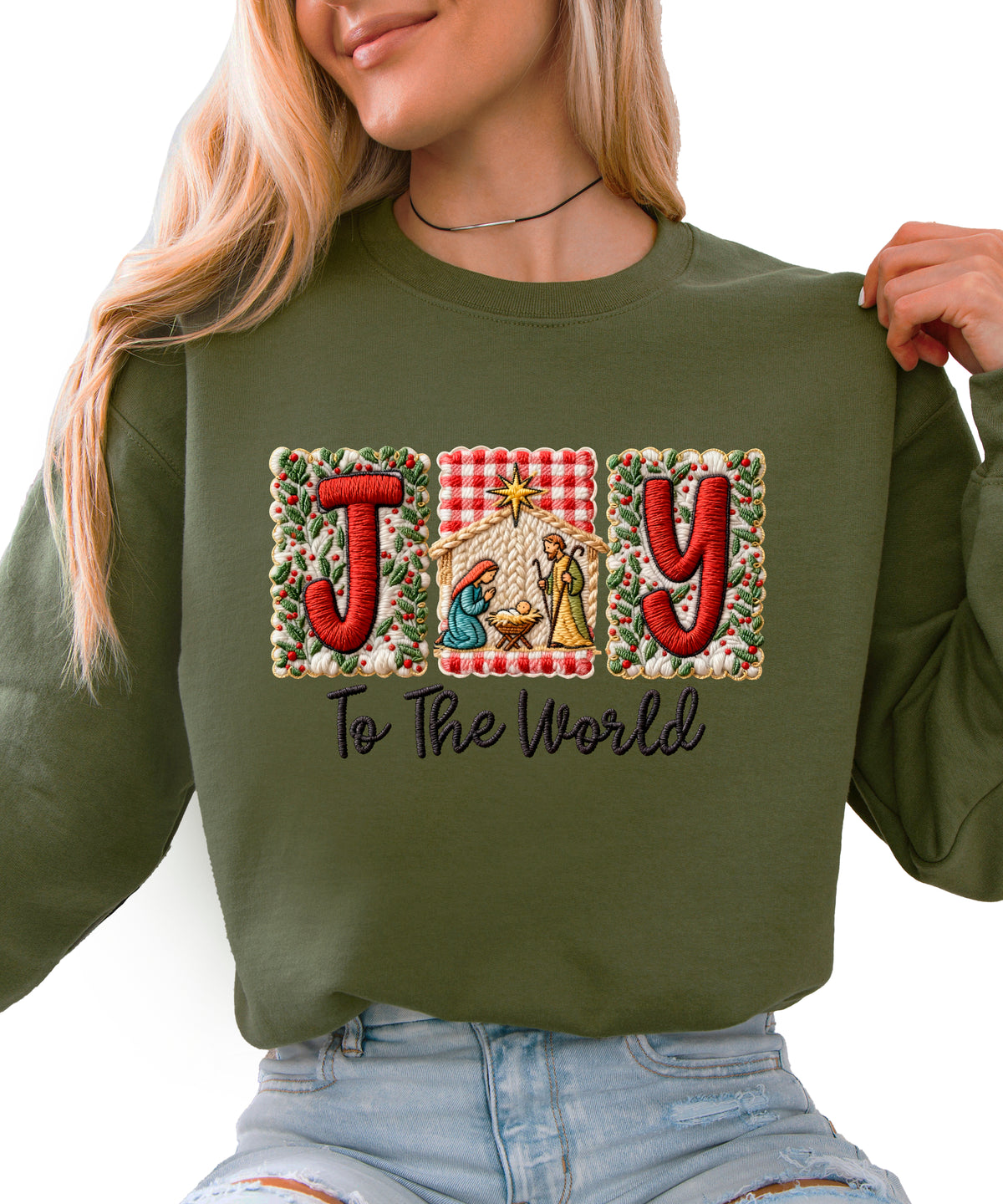 Joy to the World Christian Christmas Sweatshirt Army Green