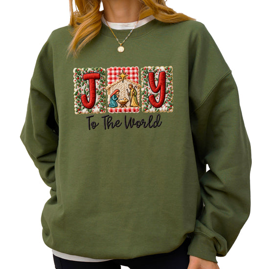 Joy to the World Christian Christmas Sweatshirt Army Green
