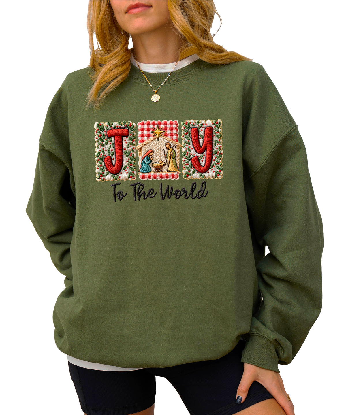 Joy to the World Christian Christmas Sweatshirt Army Green