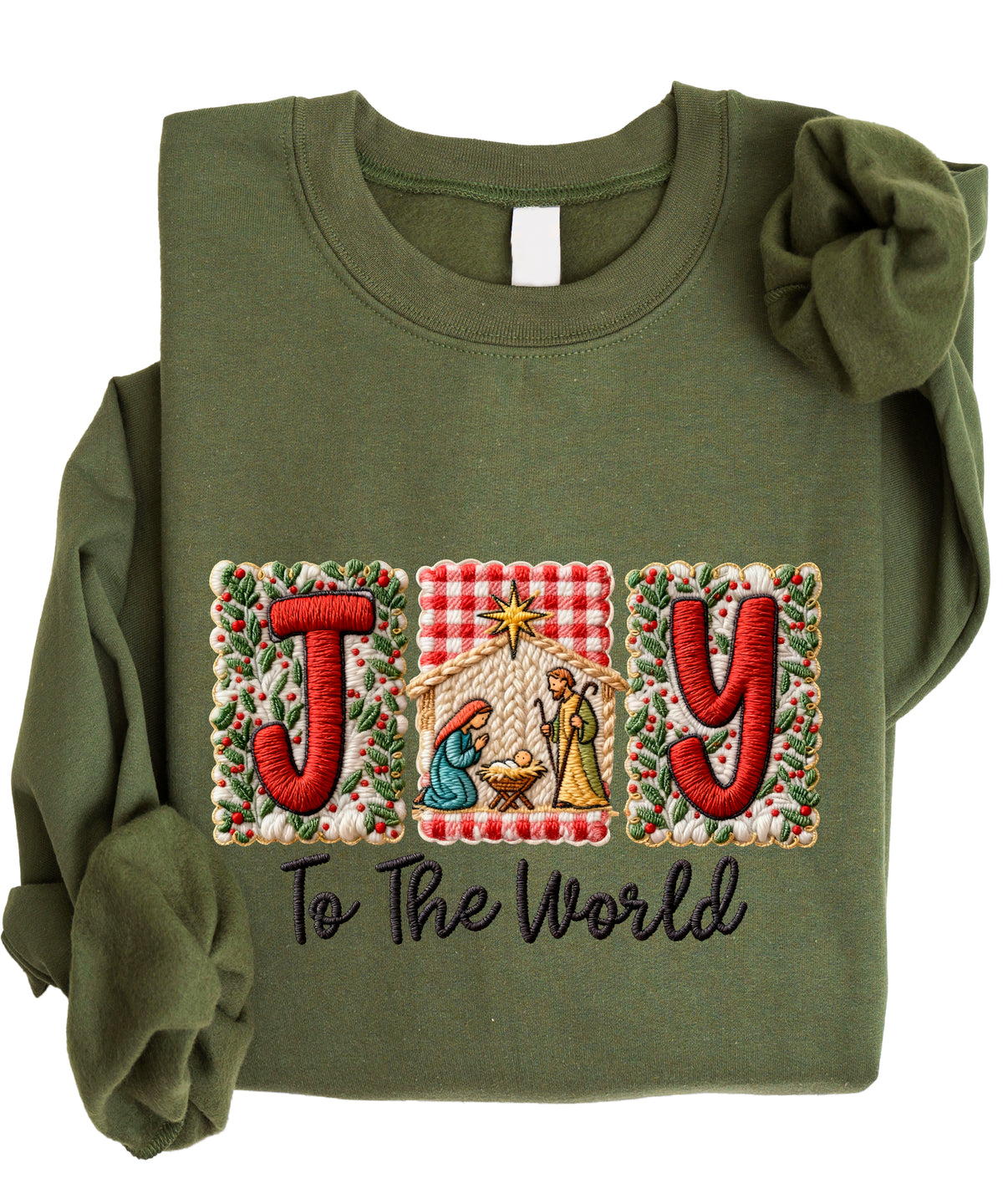 Joy to the World Christian Christmas Sweatshirt Army Green