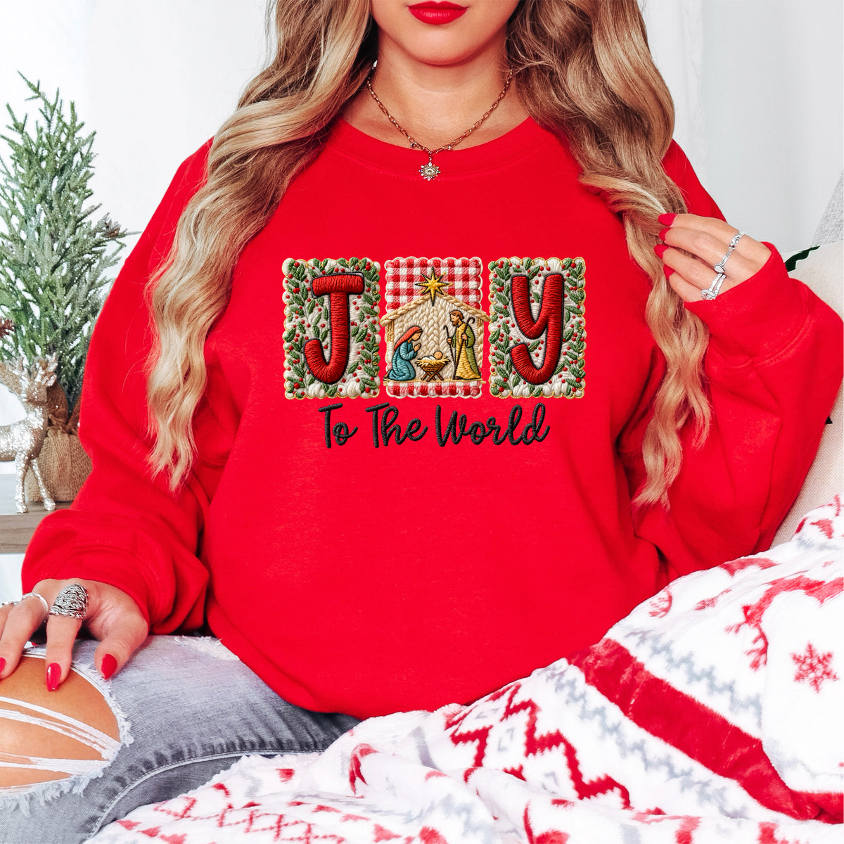Joy to the World Christian Christmas Sweatshirt Red