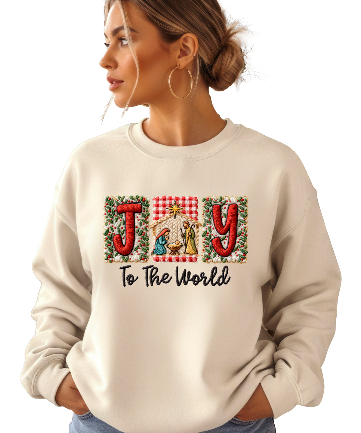 Joy to the World Christian Christmas Sweatshirt Sand