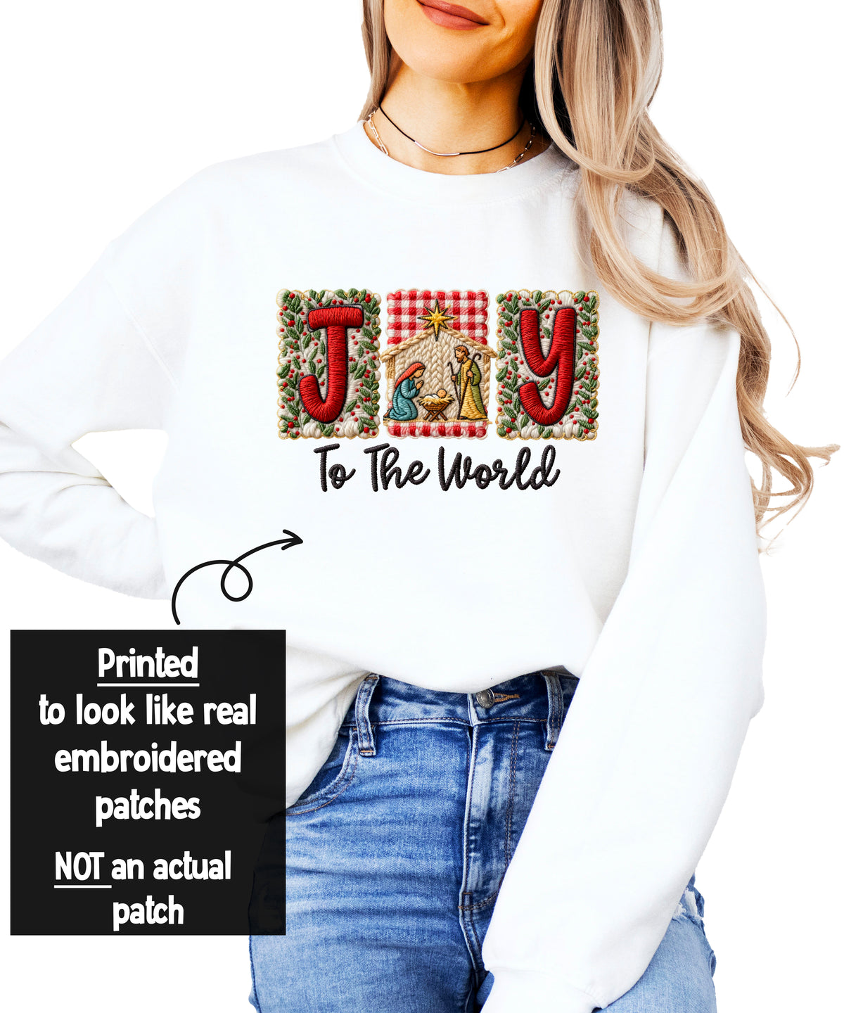 Joy to the World Christian Christmas Sweatshirt nativity design detail