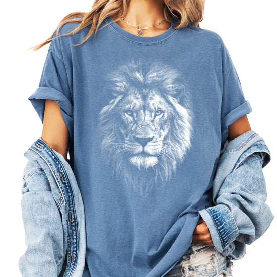 Distressed lion graphic tee in Blue Jean on a Comfort Colors 1717 heavyweight cotton shirt, view 1