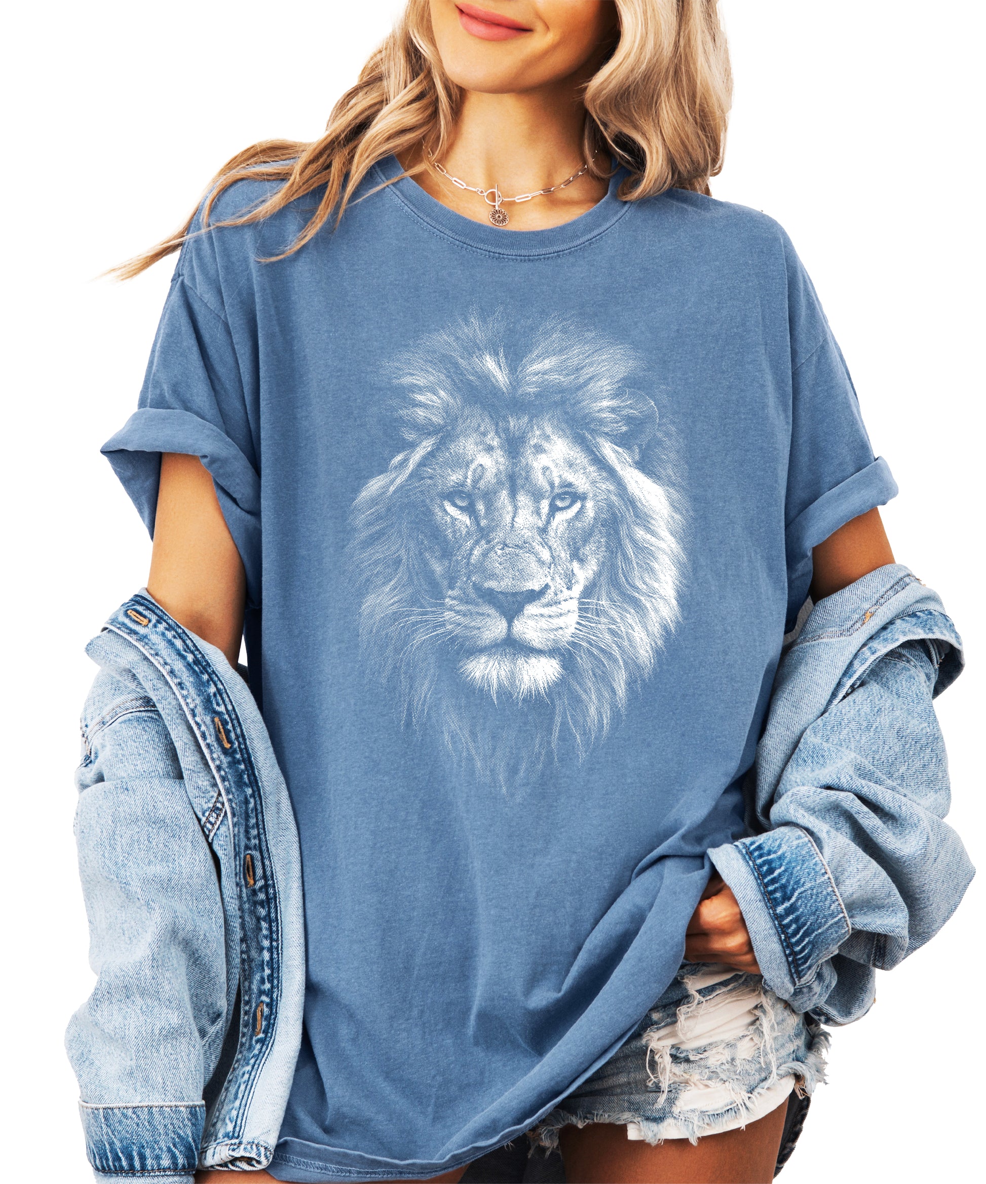 Distressed lion graphic tee in Blue Jean on a Comfort Colors 1717 heavyweight cotton shirt, view 1
