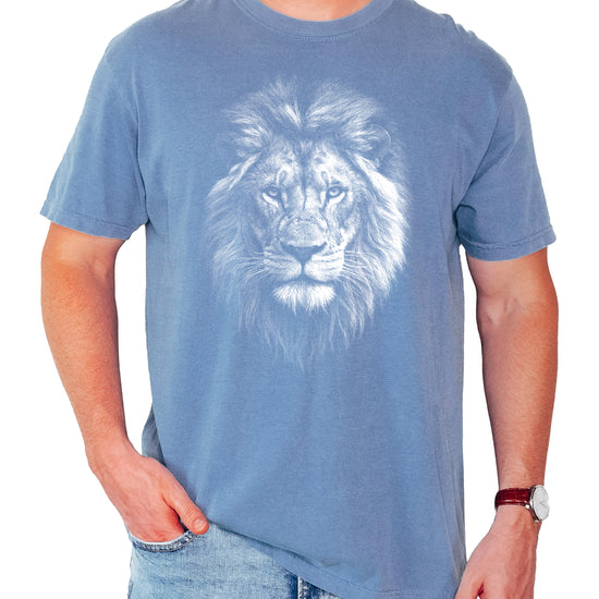 Distressed lion graphic tee in Blue Jean on a Comfort Colors 1717 heavyweight cotton shirt, view 2