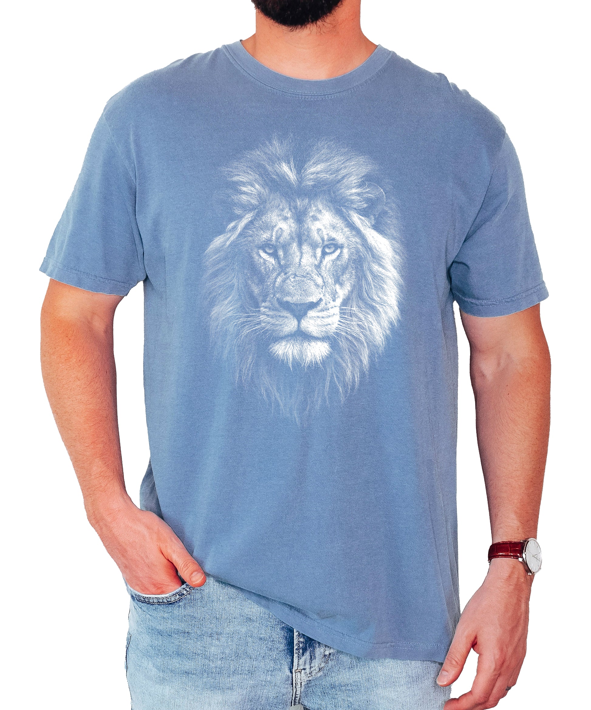 Distressed lion graphic tee in Blue Jean on a Comfort Colors 1717 heavyweight cotton shirt, view 2