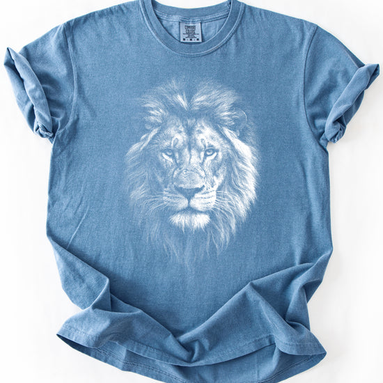 Distressed lion graphic tee in Blue Jean on a Comfort Colors 1717 heavyweight cotton shirt, view 3