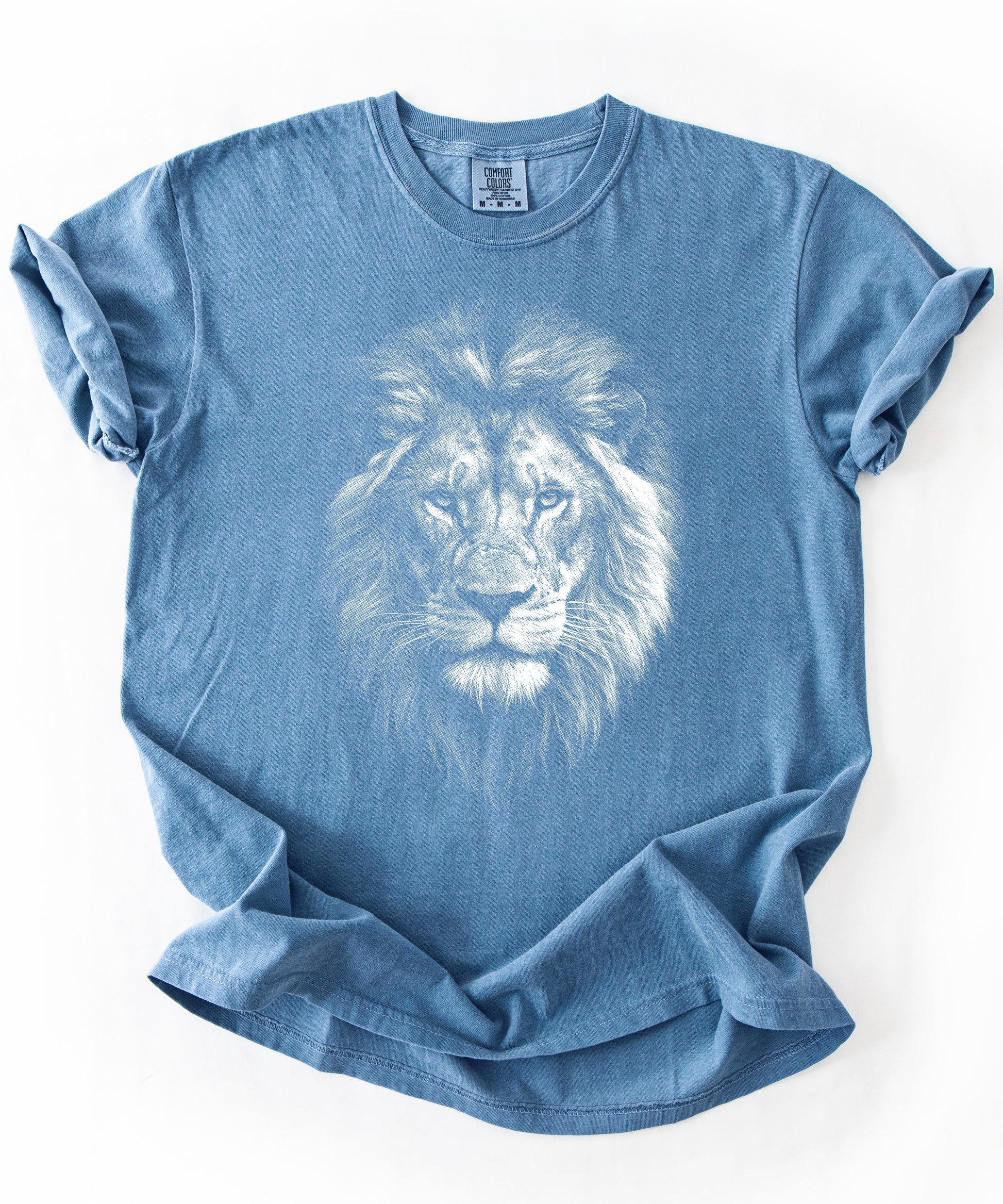 Distressed lion graphic tee in Blue Jean on a Comfort Colors 1717 heavyweight cotton shirt, view 3