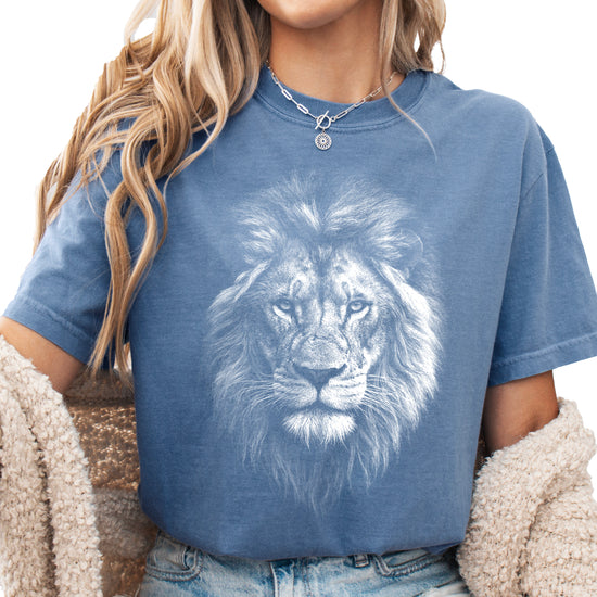 Distressed lion graphic tee in Blue Jean on a Comfort Colors 1717 heavyweight cotton shirt, view 4