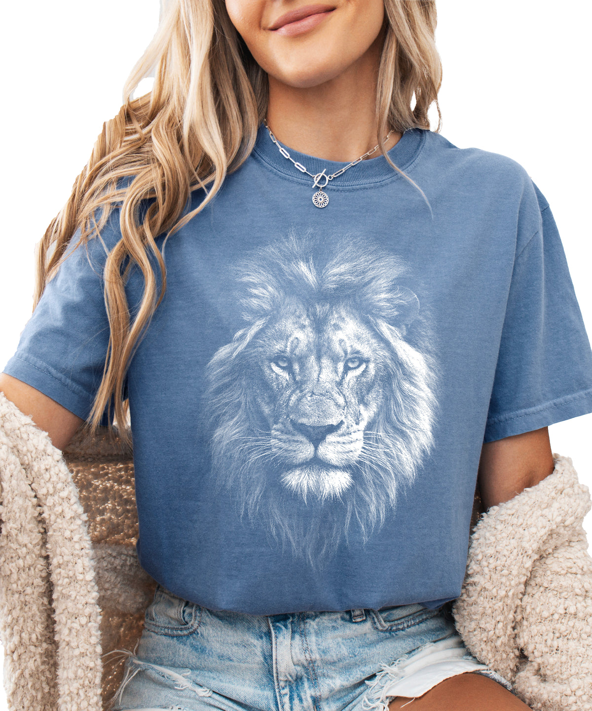 Distressed lion graphic tee in Blue Jean on a Comfort Colors 1717 heavyweight cotton shirt, view 4
