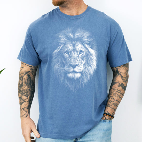 Distressed lion graphic tee in Blue Jean on a Comfort Colors 1717 heavyweight cotton shirt, view 5