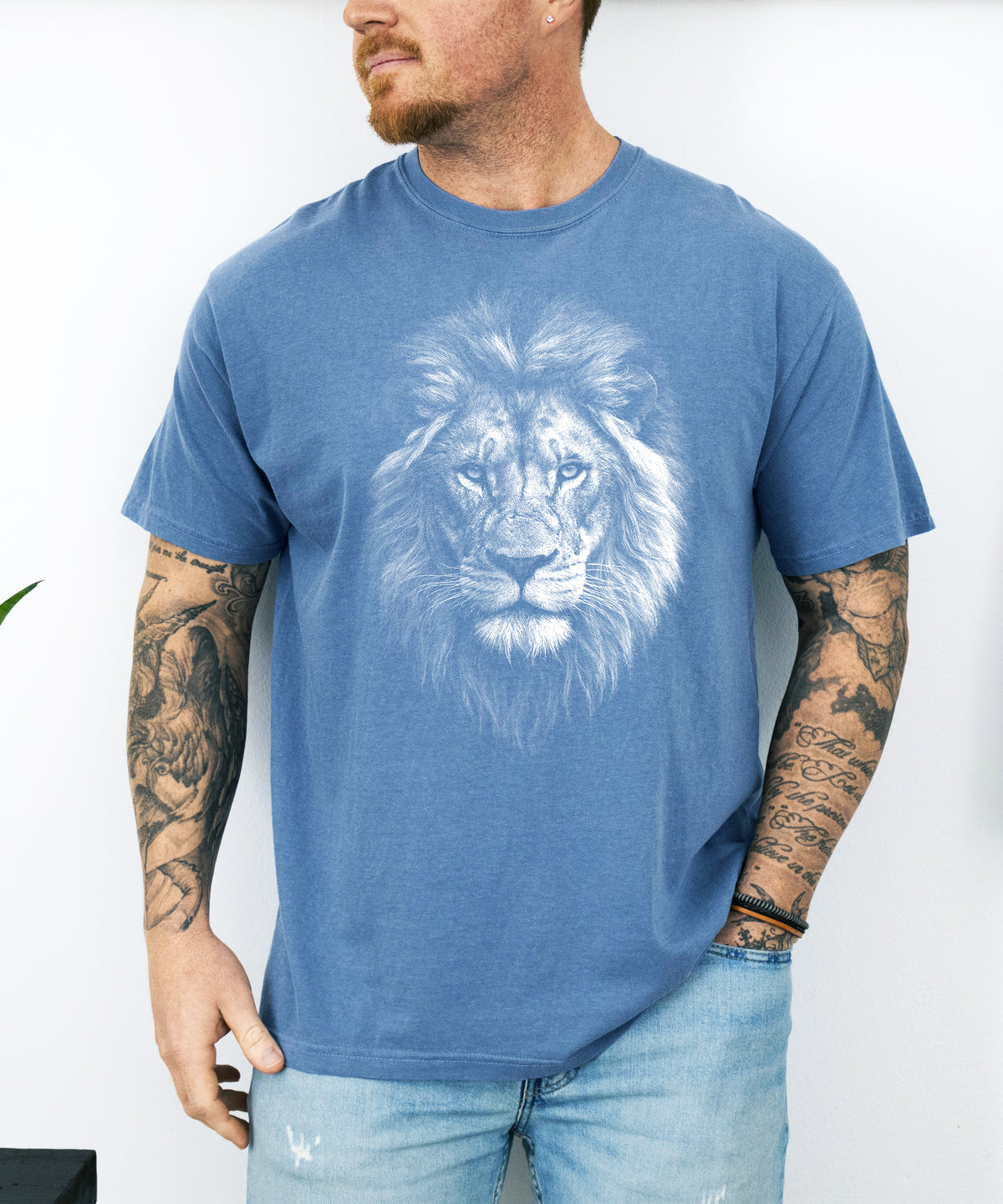 Distressed lion graphic tee in Blue Jean on a Comfort Colors 1717 heavyweight cotton shirt, view 5