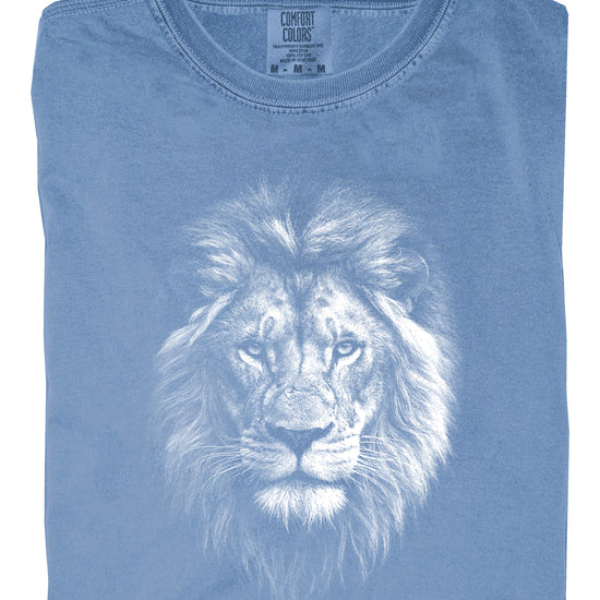Distressed lion graphic tee in Blue Jean on a Comfort Colors 1717 heavyweight cotton shirt, view 6