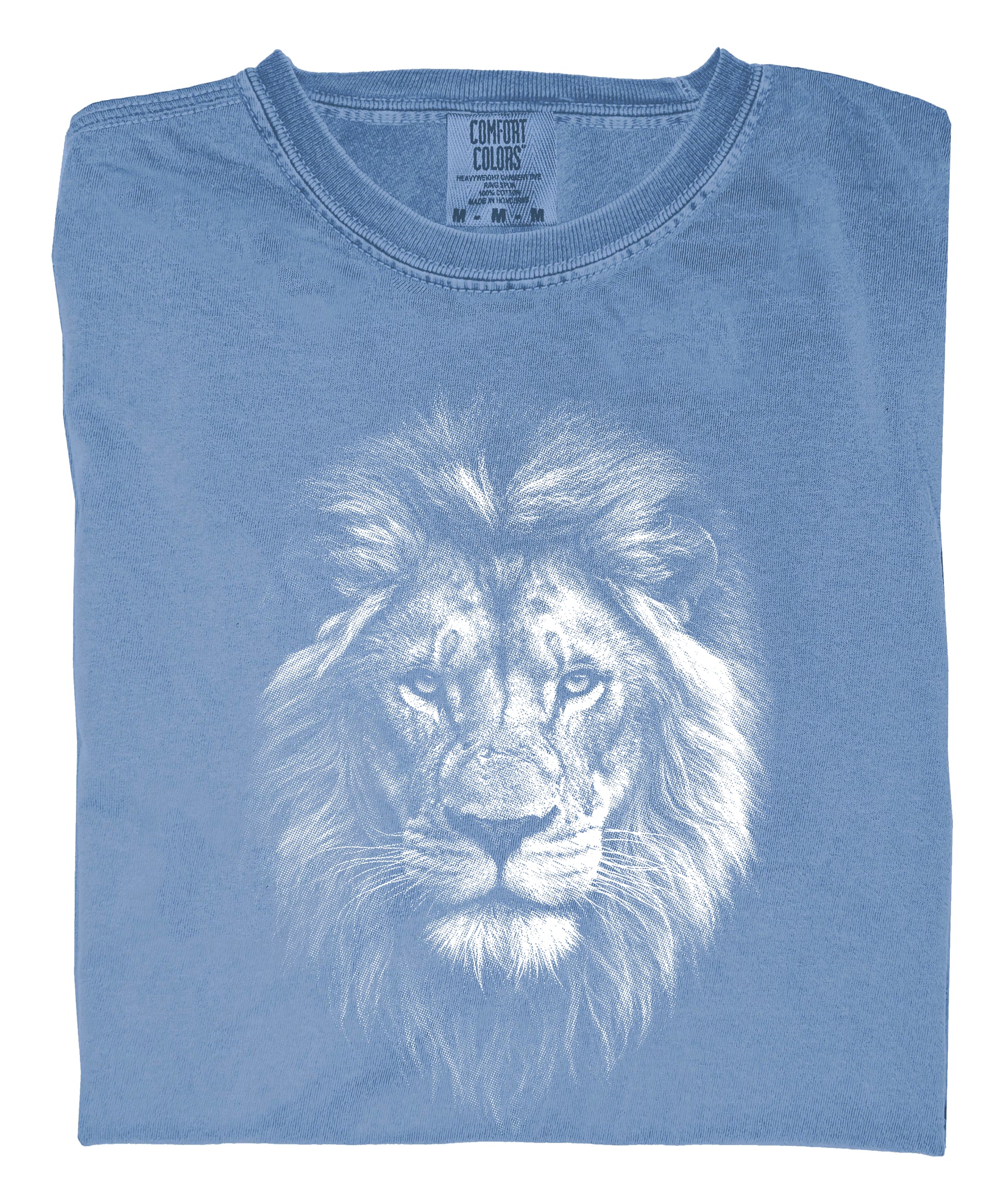 Distressed lion graphic tee in Blue Jean on a Comfort Colors 1717 heavyweight cotton shirt, view 6