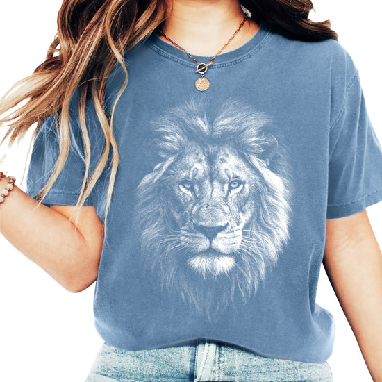 Distressed lion graphic tee in Blue Jean on a Comfort Colors 1717 heavyweight cotton shirt, view 7