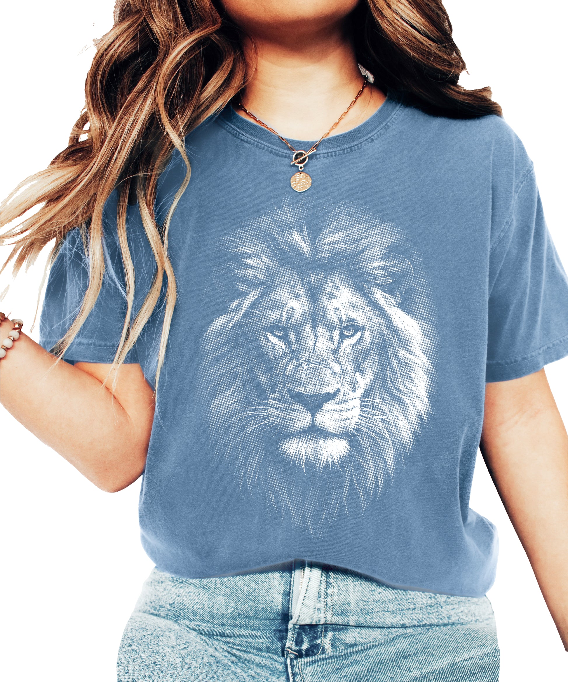 Distressed lion graphic tee in Blue Jean on a Comfort Colors 1717 heavyweight cotton shirt, view 7