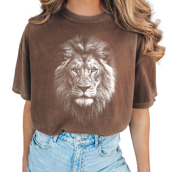 Distressed lion graphic tee in Espresso on a Comfort Colors 1717 heavyweight cotton shirt, view 1