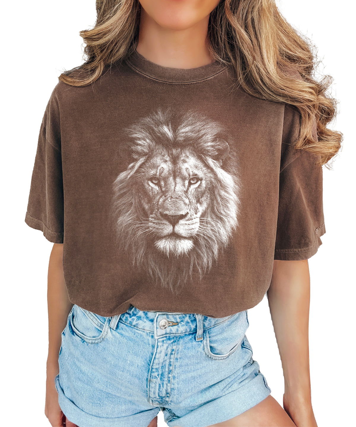 Distressed lion graphic tee in Espresso on a Comfort Colors 1717 heavyweight cotton shirt, view 1