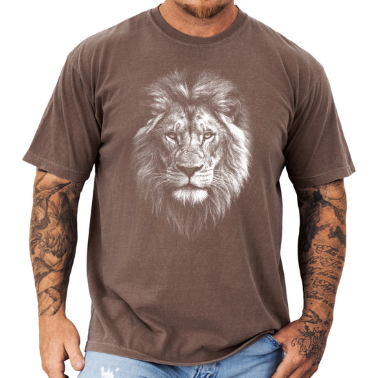 Distressed lion graphic tee in Espresso on a Comfort Colors 1717 heavyweight cotton shirt, view 2