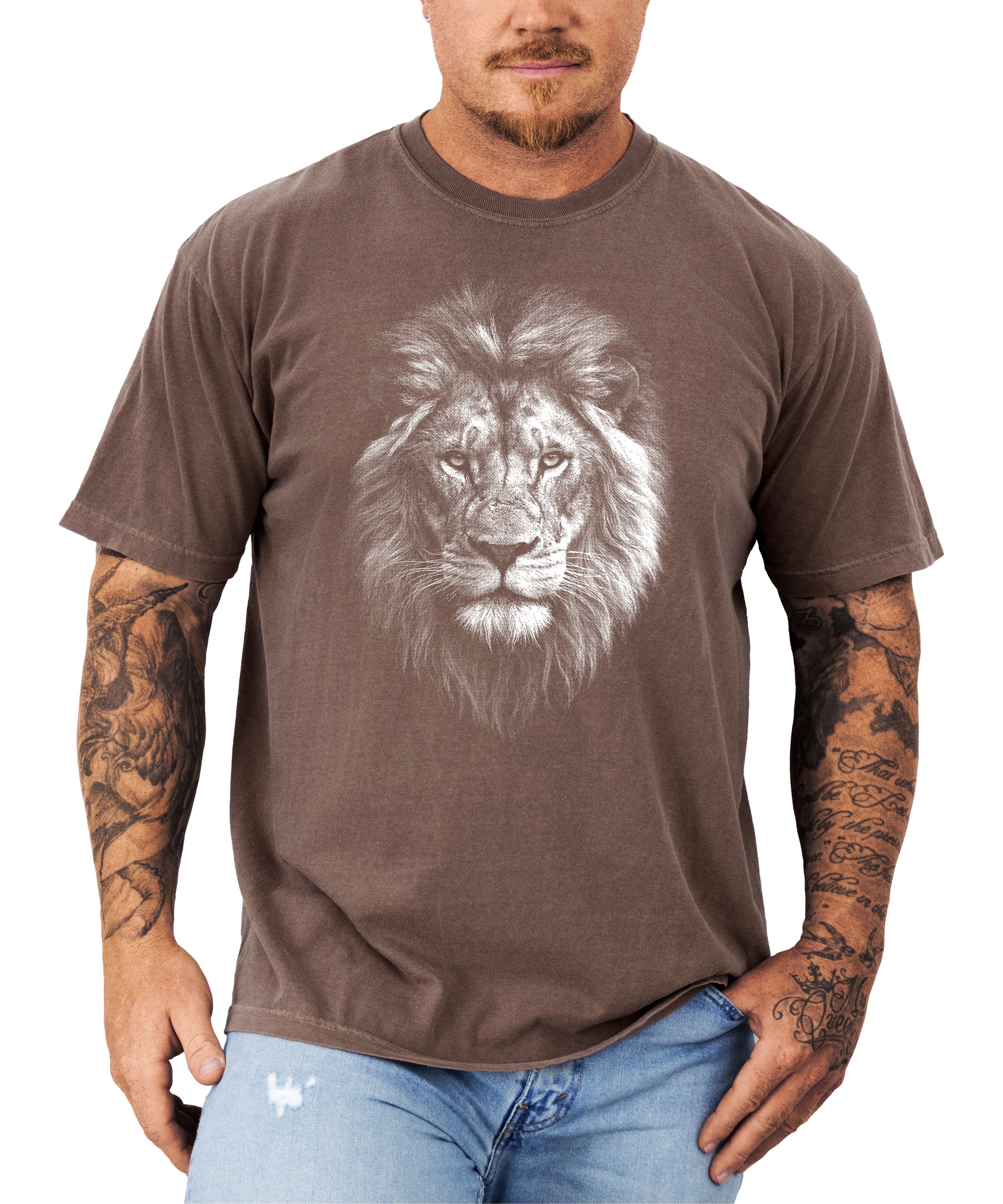 Distressed lion graphic tee in Espresso on a Comfort Colors 1717 heavyweight cotton shirt, view 2