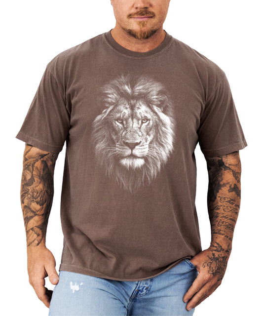 Distressed lion graphic tee in Espresso on a Comfort Colors 1717 heavyweight cotton shirt, view 2