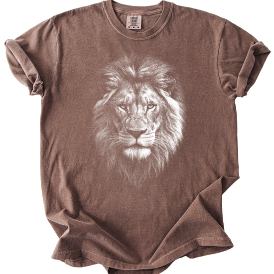 Distressed lion graphic tee in Espresso on a Comfort Colors 1717 heavyweight cotton shirt, view 3