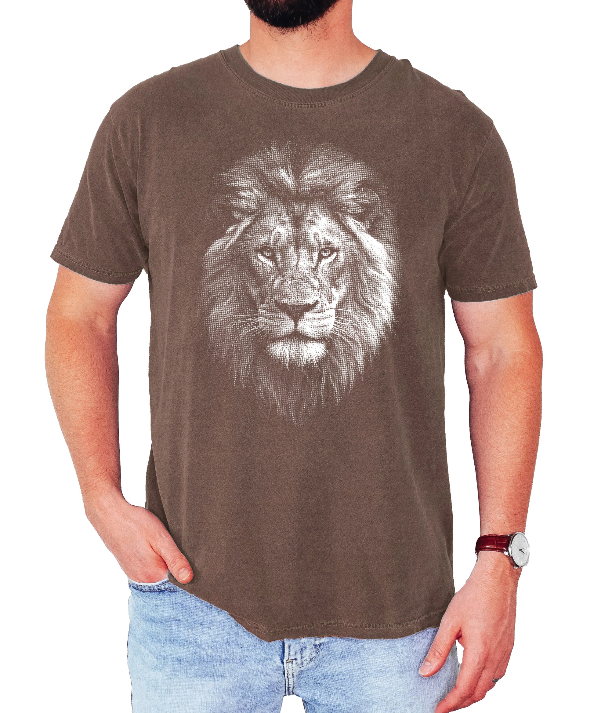 Distressed lion graphic tee in Espresso on a Comfort Colors 1717 heavyweight cotton shirt, view 5