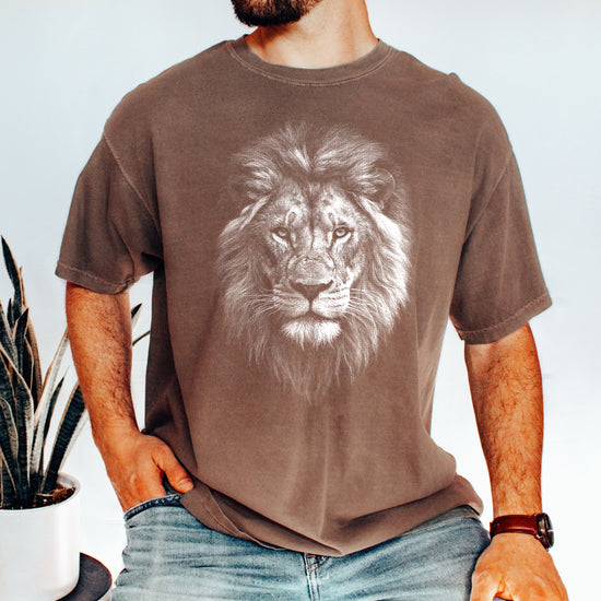 Distressed lion graphic tee in Espresso on a Comfort Colors 1717 heavyweight cotton shirt, view 7