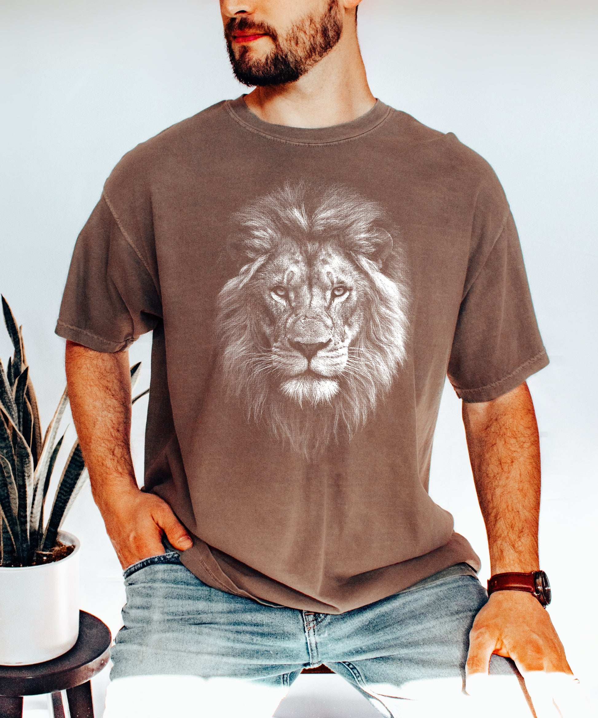 Distressed lion graphic tee in Espresso on a Comfort Colors 1717 heavyweight cotton shirt, view 7