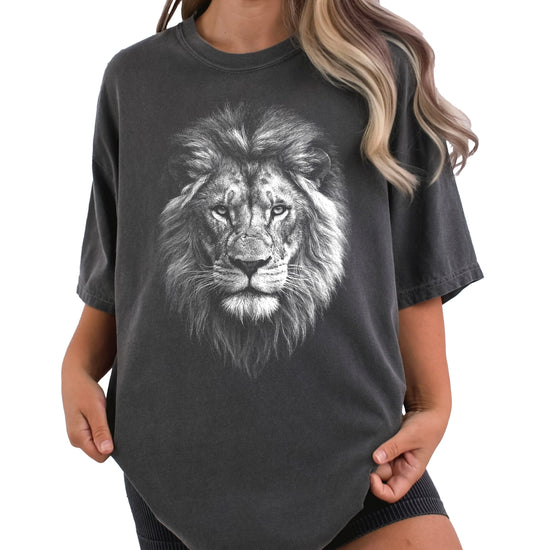 Distressed lion graphic tee in Pepper on a Comfort Colors 1717 heavyweight cotton shirt, view 1