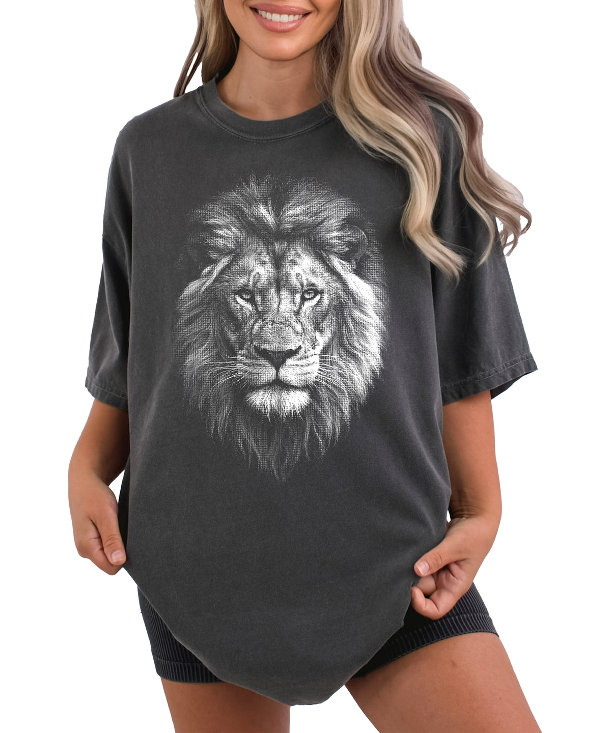 Distressed lion graphic tee in Pepper on a Comfort Colors 1717 heavyweight cotton shirt, view 1