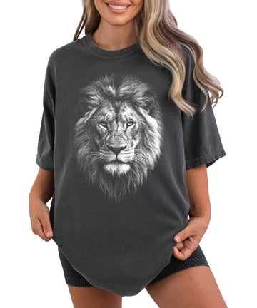 Distressed lion graphic tee in Pepper on a Comfort Colors 1717 heavyweight cotton shirt, view 1