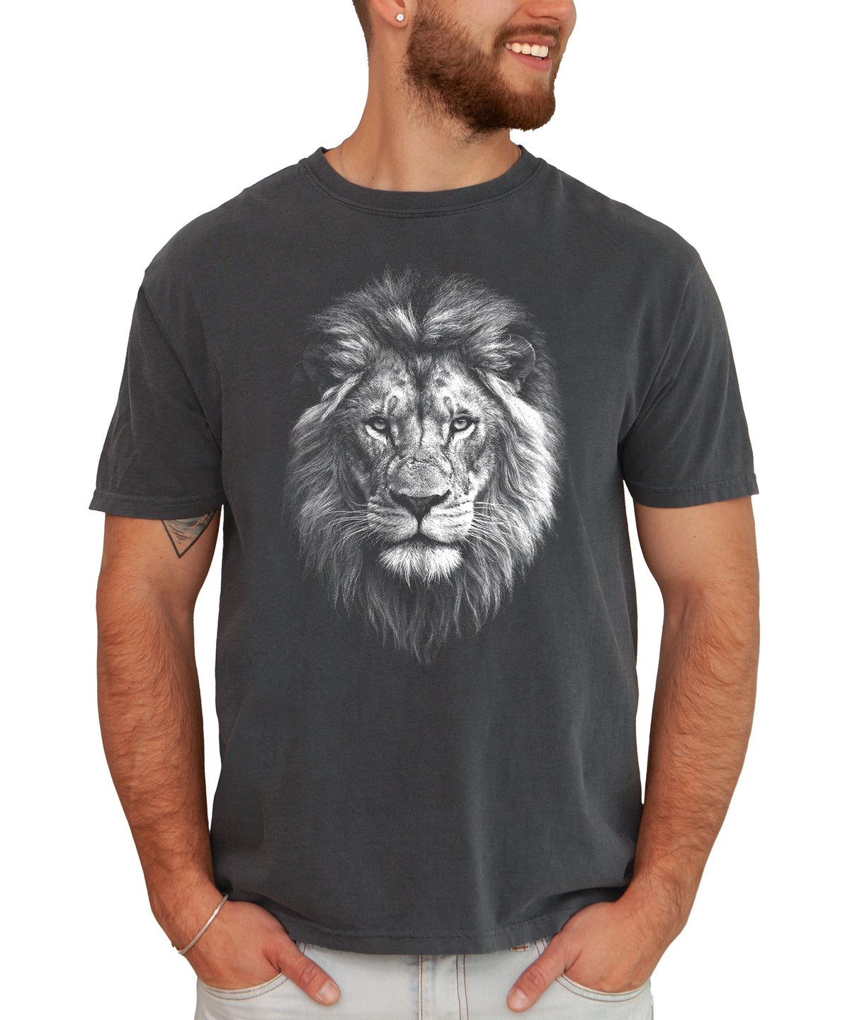 Distressed lion graphic tee in Pepper on a Comfort Colors 1717 heavyweight cotton shirt, view 2
