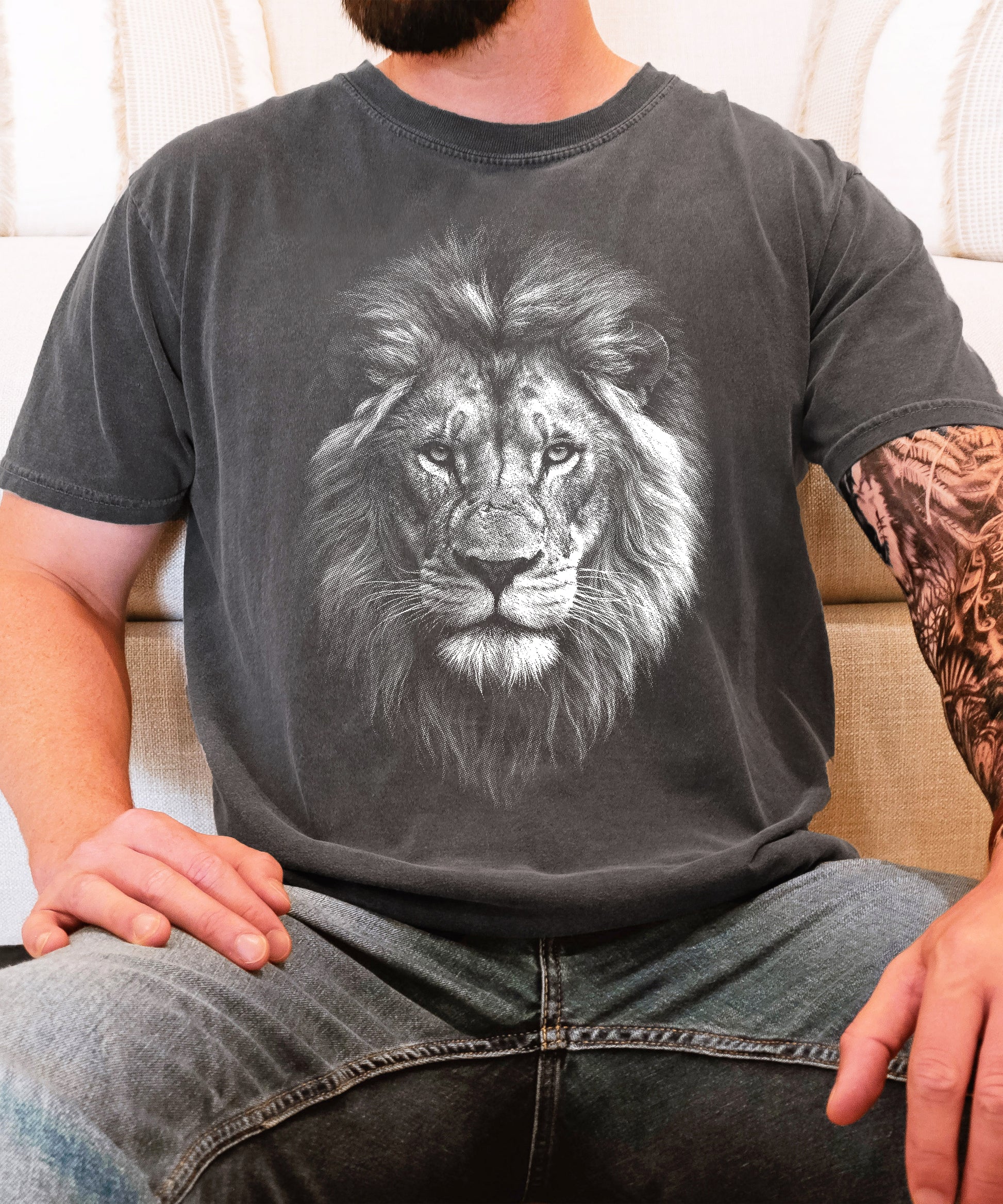 Distressed lion graphic tee in Pepper on a Comfort Colors 1717 heavyweight cotton shirt, view 5