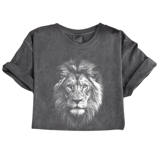 Distressed lion graphic tee in Pepper on a Comfort Colors 1717 heavyweight cotton shirt, view 6