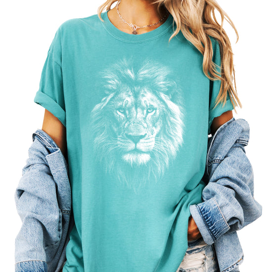 Distressed lion graphic tee in Seafoam on a Comfort Colors 1717 heavyweight cotton shirt, view 1